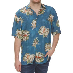 Campia Moda Men’s Tropical Postage Woven Hawaiian Shirt in Teal Size XL
